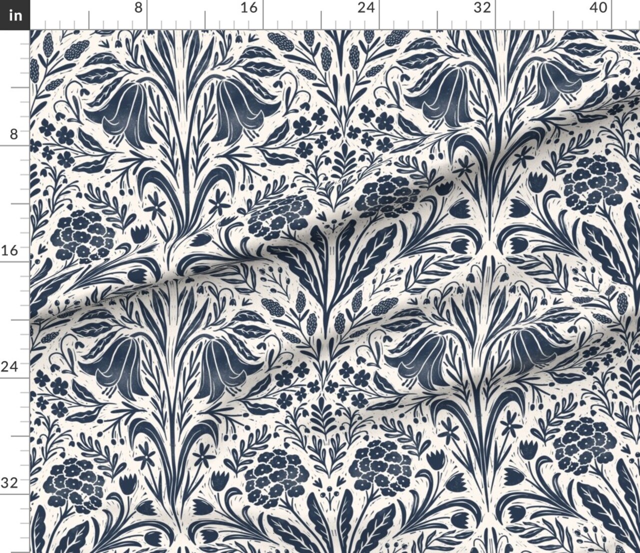 Navy Flowers Cream Blue Botanical Block Print Summer Garden Cottagecore Custom Printed Fabric by Spoonflower Various Fabrics by the Yard or Fat Quarter